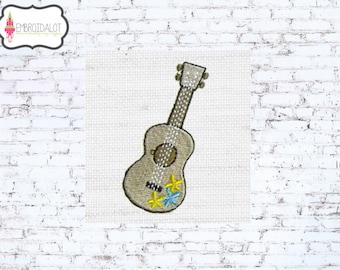 Ukulele machine embroidery design. Fun little guitar perfect for luau embroidery projects. Tropical embroidery with a summer feel.