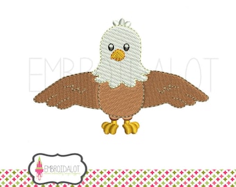 Puede incluir: Un diseño bordado de estilo de dibujos animados de un águila calva con alas marrones, cabeza blanca y ojos amarillos. El águila está mirando hacia adelante con las alas extendidas.