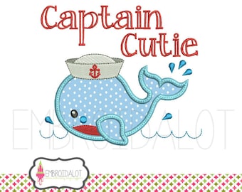 Cute sailor applique. Sailor embroidery download. Whale machine embroidery design. Summer applique. Beach applique. Cute whale applique.