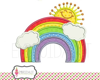 Rainbow applique machine embroidery design. Sun applique with rainbow and clouds. Two sizes. Happy rainbow embroidery.