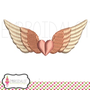 May include: Embroidered design of a heart with wings. The heart is pink and the wings are beige and peach.