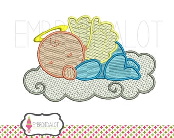 Baby machine embroidery design. Cute sleepy baby angel with wings and halo, filled stitch. Angel baby embroidery.