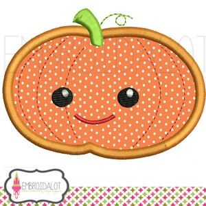 May include: A smiling orange pumpkin with white polka dots and a green stem. The pumpkin has a stitched outline and a cute face.