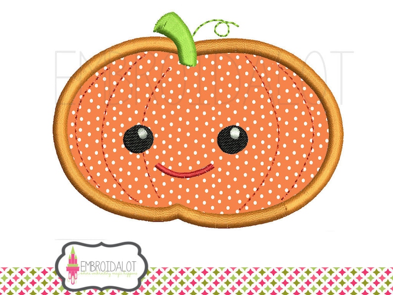 May include: A smiling orange pumpkin with white polka dots and a green stem. The pumpkin has a stitched outline and a cute face.