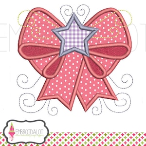 Swirly bow applique embroidery design. Pretty bow machine embroidery design. Two sizes. Fun girly applique. Girly bow embroidery.