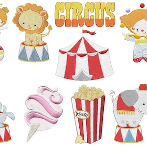 Circus machine embroidery designs. Circus embroidery themed, so cute,4 x 4 and 5 x 7 size. Fun carnival embroidery.
