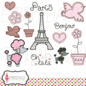French embroidery design set. Machine embroidery designs. French applique and filled embroidery. Eifel tower, poodle, heart embroidery.