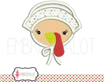 Turkey applique embroidery design. Cute pilgrim applique turkey with bonnet. Fun fall applique for Thanksgiving.