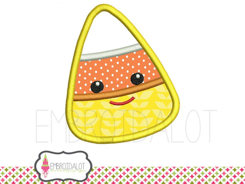 May include: A yellow, orange, and white candy corn with a smiling face. The candy corn has a dotted pattern and a leaf design.