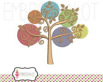 Tree machine embroidery design. Vintage embroidery stylised in fall colours. Swirly tree embroidery, change the colours for the season.