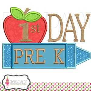 Pre K applique embroidery design. Kindergarten embroidery design. First day applique school embroidery for back to school projects.