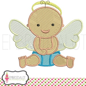 Angel baby machine embroidery design. Cute baby embroidery with wings and halo, filled stitch. Fun baby angel embroidery.
