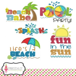 Fun summer embroidery set. Machine embroidery for the summer. Beach embroidery, pool embroidery. Summer applique, pool applique.