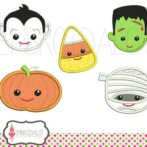 May include: Five Halloween-themed embroidery designs: a pumpkin, a candy corn, a mummy, a vampire, and a Frankenstein. Each design features a cute cartoon face with big eyes.