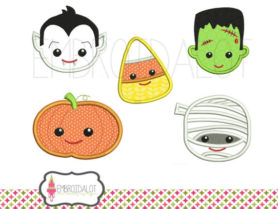 Halloween applique designs. Fun faces in cute applique, 2 sizes. Halloween embroidery. Mummy, Pumpkin applique. Frankenstein embroidery
