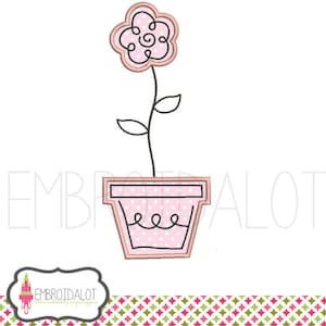 Op de afbeelding: Een zwarte lijntekening van een bloem in een roze pot met witte stippen. De bloem heeft een eenvoudig ontwerp met vier bloemblaadjes en een cirkel in het midden.