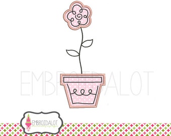 Flower pot applique embroidery design. Simple flower applique embroidery. Great garden embroidery design in 6 x 10