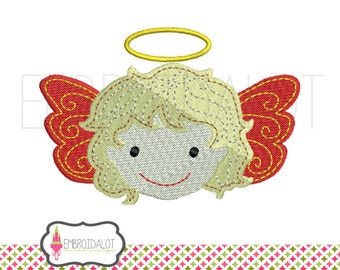 Angel machine embroidery design. Cute angel face with a bit of whimsy. Christmas embroidery. Christmas Angel embroidery in filled stitch.