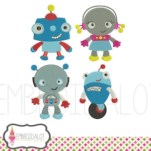 Robot embroidery design set. Geektacular robot machine embroidery. Fun geek embroidery for boys and awesome girls.