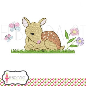 Fawn embroidery design. Adorable fawn embroidery with flowers and butterflys. Charming woodland embroidery design.