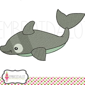 May include: A gray cartoon dolphin with a light green belly and a white eye. The dolphin is swimming to the right.