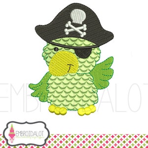 May include: A green parrot wearing a black pirate hat with a white skull and crossbones design. The parrot has a yellow beak and a black eye patch.