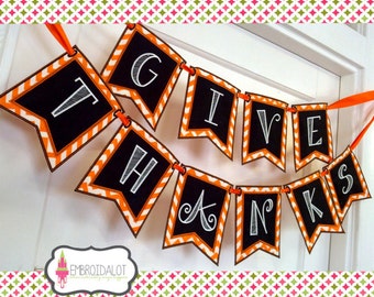 Thanksgiving bunting machine embroidery design. Made in the hoop. Made ITH embroidery in 3 sizes. Fall embroidery project or photo prop.