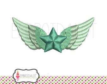 Angel wing embroidery design. Mini wing machine embroidery, wing embroidery with star in center. Pretty angel embroidery for tiny spots.