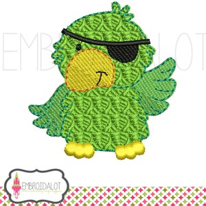 May include: Green parrot with a black eye patch, yellow beak, and green wings. The parrot is cartoon-like and has a friendly expression.