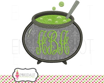 Cauldron applique embroidery design. Cauldron monogram frame for halloween, 4 sizes. Great halloween applique