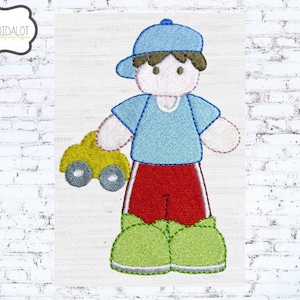 Boy machine embroidery design. Fun playtime embroidery boy with toy car in filled stitch.