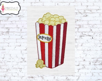 Op de afbeelding: Geborduurd ontwerp van een popcorncontainer met rood-witte strepen, gevuld met gele popcorn. Het woord "POPCORN" staat in een gele ovaal. Eén stukje popcorn staat onderaan. Het ontwerp staat op een witte achtergrond.