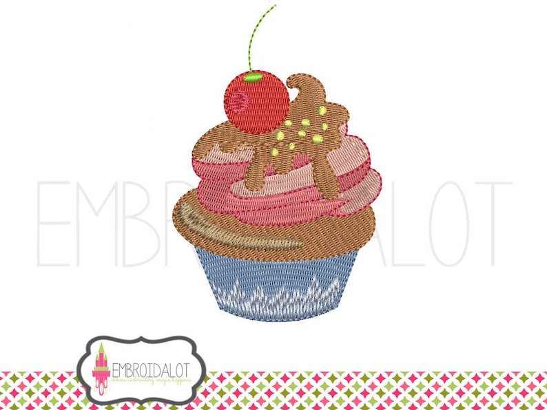 May include: A brown and pink cupcake with a cherry on top and chocolate frosting. The cupcake is decorated with sprinkles and is sitting on a blue cupcake liner.