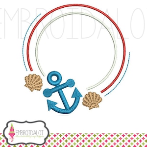 May include: A blue anchor with two seashells on either side. The anchor is in the center of a red, white, and blue circle.