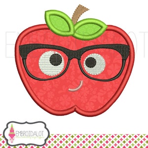 School applique embroidery design. Geek apple embroidery design. Apple applique school embroidery for back to school. Nerd embroidery