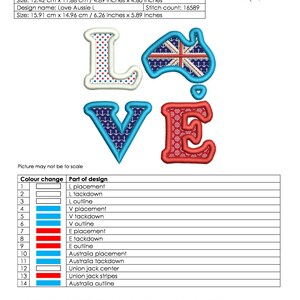 May include: A colorful embroidery design of the word "LOVE" with an Australian flag in the shape of the letter "O". The design includes red, white, blue, and black colors. The design is available in three sizes: 3.91 inches x 3.67 inches, 4.89 inches x 4.60 inches, and 6.26 inches x 5.89 inches.