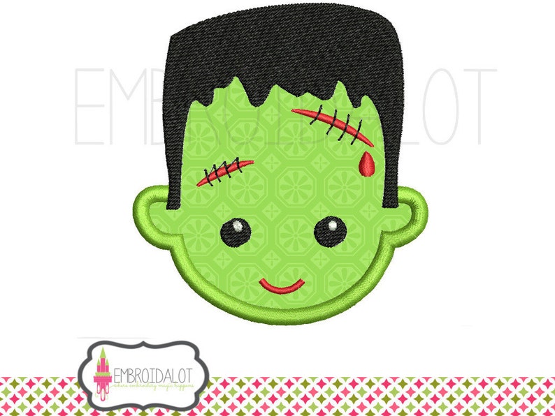 May include: Green monster face with black hair, stitched scars, and a red drop of blood. The face has a green background with a pattern of small white flowers.