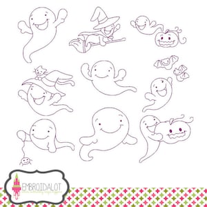 Ghost machine embroidery design. Halloween embroidery in redwork style design, friendly ghost embroidery in 4 x 4 size