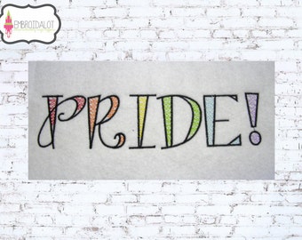 LGBT Pride embroidery design. A fun LGBT embroidery. Rainbow embroidery with black outline. Gay pride embroidery. Text embroidery.