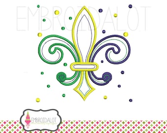 Fleur de lis machine embroidery design. Fun and colourfull Mardi Gras embroidery themed in 3 sizes.