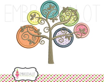 Tree applique embroidery design. Retro fall applique in stylised form. Tree embroidery, change the colours to change the season.