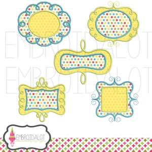 May include: Five colorful embroidery designs of frames with polka dot patterns. The frames are in various shapes, including square, rectangle, and oval. The frames are outlined in blue and yellow.