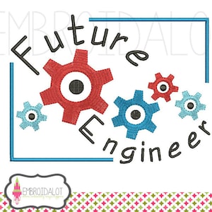 May include: A white background features the words "Future Engineer" in black, with a blue rectangular border. Red and blue gear illustrations are scattered around the text. The design includes a logo at the bottom and a patterned border.