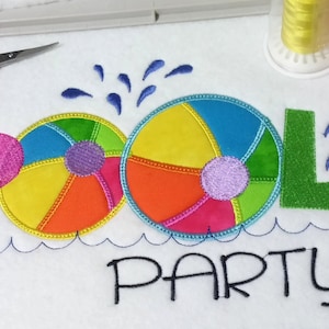 May include: Embroidered design of the word "POOL" with two beach balls and water splashes, followed by the text "PARTY!" in black cursive font.