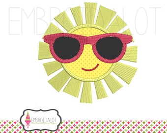 Fun sun embroidery. Cool summer sun applique embroidery for the summer. Summer applique, beach embroidery, pool embroidery.