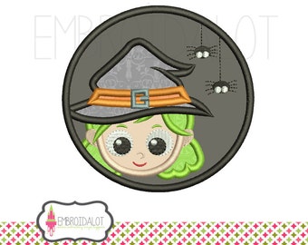 Witch applique design. Girly Halloween applique embroidery, 5 sizes. Cute witch embroidery for your halloween embroidery projects.