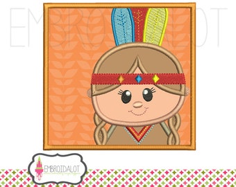 Thanksgiving applique embroidery design. Cute native American girl Indian thanksgiving embroidery design. Indian applique in frame.