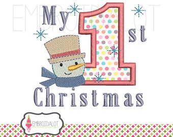 Christmas machine embroidery design. First Chirstmas embroidery. My first christmas applique and filled snowman embroidery design.