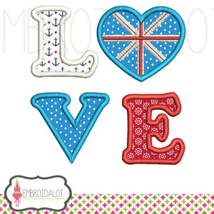 UK applique machine embroidery design. UK love applique with Union Jack. Cute English embroidery. Fun Union Jack applique design.
