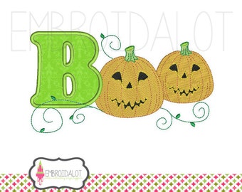Halloween machine embroidery design. BOO halloween applique and filled design. Two sizes. Fun Halloween embroidery.